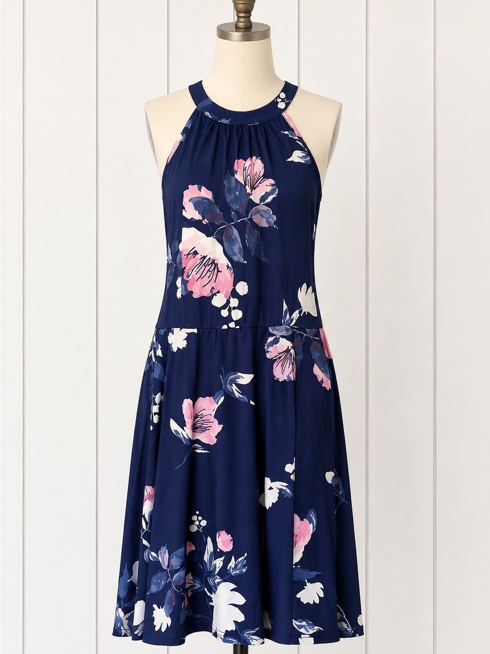 Navy Floral Halter Sundress with Pink & White Blooms